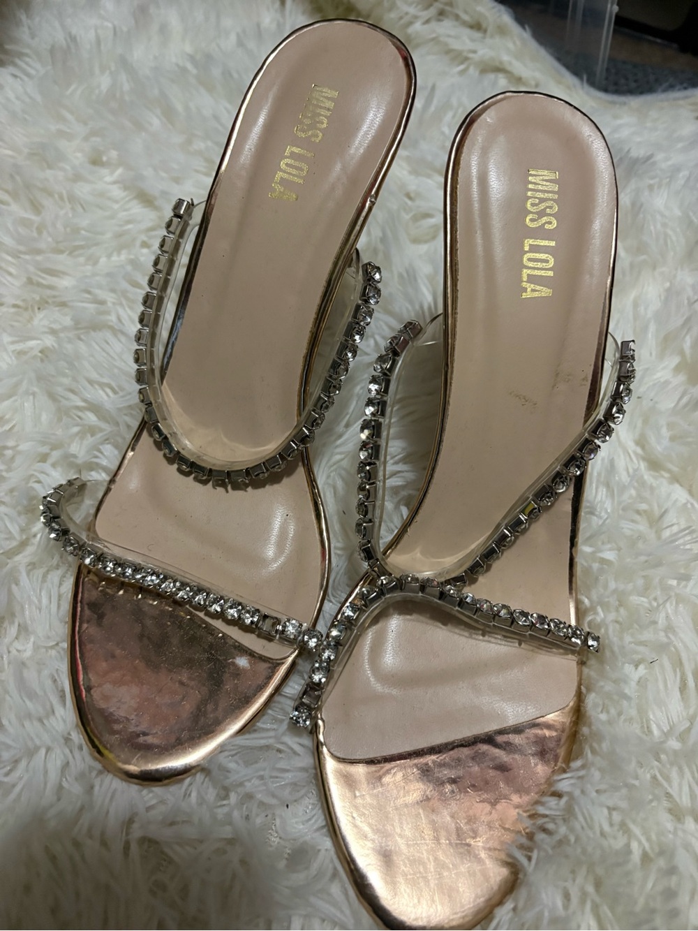 Miss Lola Rose Gold Rhinestone Slide Heels